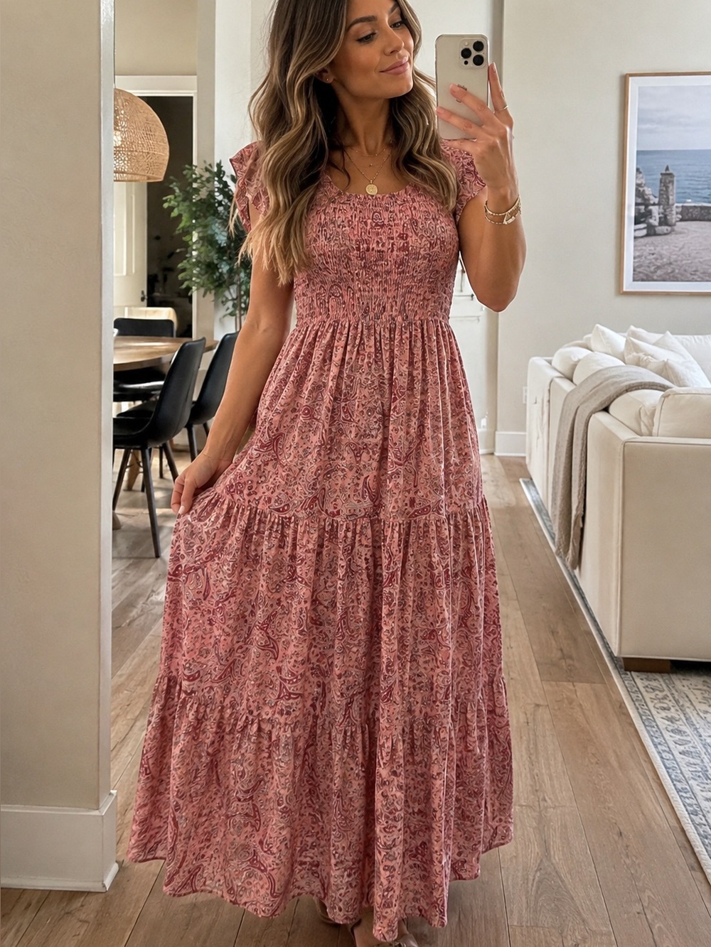 MELLODAY Dusty Rose Paisley Smocked Maxi Dress